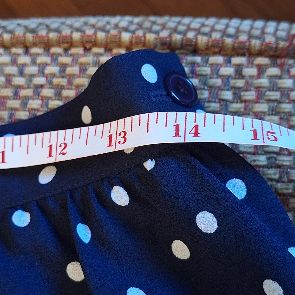Chaus Vintage Sheer Navy and White Polka Dot Blouse And Adjustable Waist Skirt